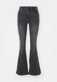 Vaqueros de campana negros de talle alto y deslavado, con bolsillos delanteros y traseros, presillas para cinturón y cierre de botón y cremallera.