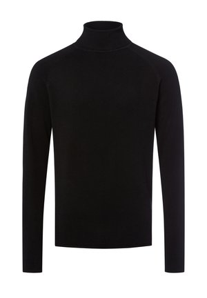 Pull-over à col roulé noir en tissu tricoté texturé, avec des manches longues et une silhouette ajustée. Pas de motifs ni d'accents visibles.