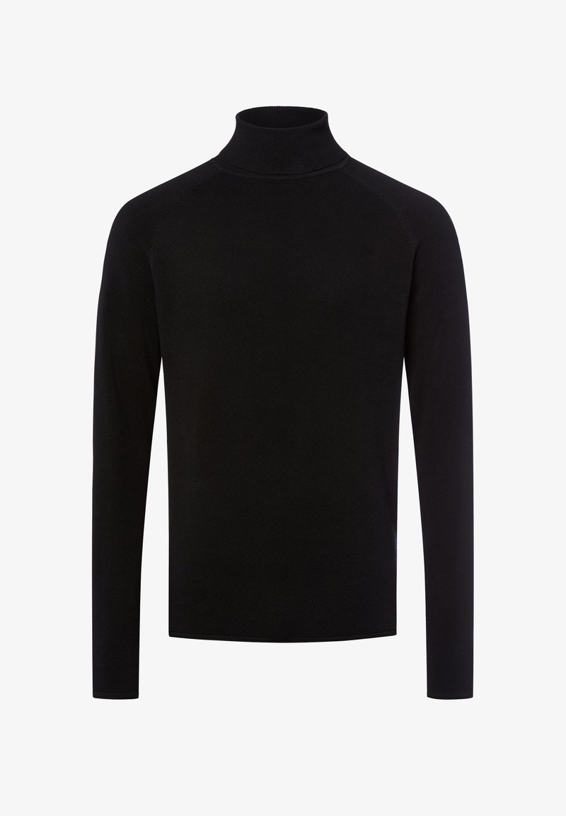 Pullover a collo alto nero realizzato in tessuto a maglia testurizzato, con maniche lunghe e silhouette aderente. Nessun motivo o dettaglio visibile.