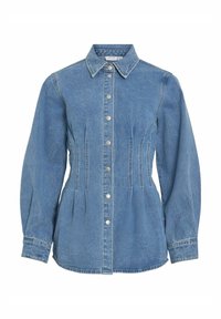 Cămașă din denim albastru cu guler, mâneci lungi și capse în față. Dispune de cusături verticale pentru o croială ajustată și un tiv ușor evazat.