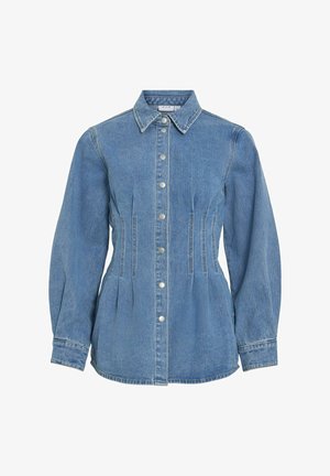 Modra denim srajca s ovratnikom, dolgimi rokavi in sprednjimi gumbi. Ima vertikalne šive za prilagojen kroj in rahlo razširjen rob.