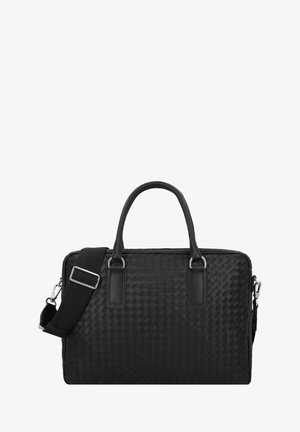 Borsa in pelle intrecciata nera con manici imbottiti, tracolla removibile, forma rettangolare e design elegante. Presenta una superficie tessurizzata e accessori in argento.