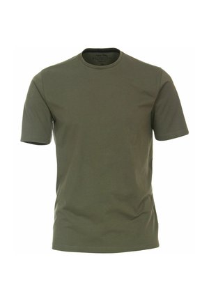 Grøn bomulds t-shirt med korte ærmer, rund hals og en glat tekstur. Har et minimalistisk design uden synlige logoer eller mønstre.