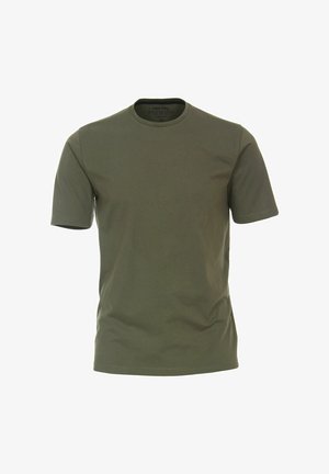 Groene katoenen T-shirt met korte mouwen, ronde hals en een soepele textuur. Bevat een minimalistisch ontwerp zonder zichtbare logo's of patronen.