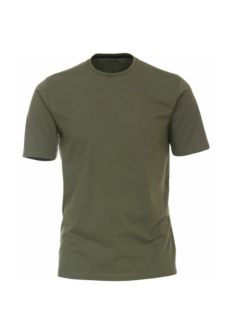 Zielona bawełniana koszulka z krótkim rękawem, okrągłym dekoltem i gładką fakturą. Charakteryzuje się minimalistycznym wzornictwem bez widocznych logotypów ani wzorów.