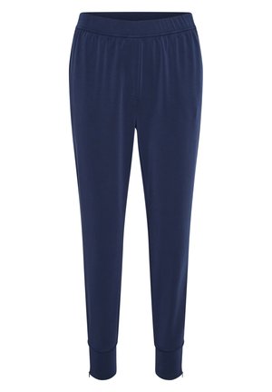 Navy blue sweatpants with an elastic waist, tapered legs, and ankle zippers; made of soft, stretchy fabric.