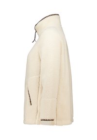 Crème-kleurige fleece jack met een hoge kraag, voorzien van bruine contrasterende stiksels en een voorzak. Zachte textuur en een ontspannen pasvorm.