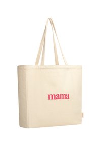 Borsa tote in tela, colore crema, forma rettangolare, con la scritta "mama" in lettere rosa in grassetto, dotata di manici lunghi per il trasporto.