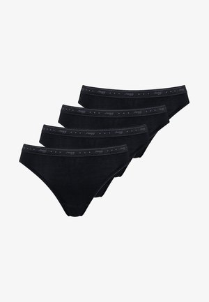 Schwarze Damenunterhosen im Paket mit vier Stück. Aus weichem Stoff mit glatter Textur. Mit einem schmalen elastischen Bund und dezentem Branding.
