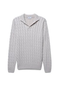 Hellegrauer Strickpullover mit strukturiertem Rautenmuster, einem Kragenansatz und gerippten Bündchen und Saum.