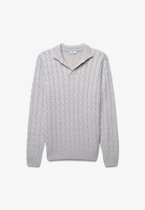 Hellegrauer Strickpullover mit strukturiertem Rautenmuster, einem Kragenansatz und gerippten Bündchen und Saum.