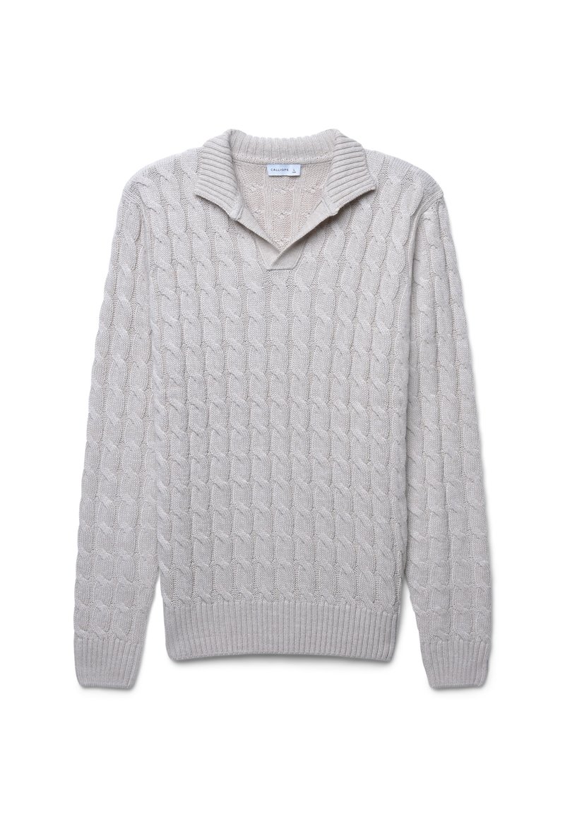 Hellegrauer Strickpullover mit strukturiertem Rautenmuster, einem Kragenansatz und gerippten Bündchen und Saum.