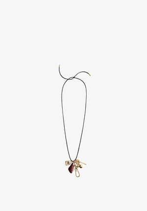 Black cord necklace with gold-tone hardware, featuring assorted charms including a red teardrop, square, and round shapes.