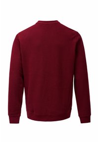 Sudadera burdeos con cuello redondo, mangas largas y puños acanalados. Textura suave y diseño minimalista sin patrones ni logotipos visibles.