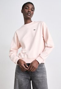 Világos rózsaszín pamut pulóver hosszú ujjakkal, bordás mandzsettával és zöld hímzett logóval a bal mellen. Szürke farmernadrággal párosítva.