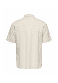 Chemise blanc cassé à manches courtes avec tissu texturé, col classique et ourlet droit, vue de dos.