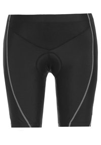 Shorts de cyclisme noirs en tissu extensible, avec un rembourrage au centre, des coutures grises contrastantes et une coupe ajustée.