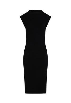 Robe noire côtelée avec un col montant et de courtes manches à décolleté. Design ajusté, longueur genou, avec une texture lisse.
