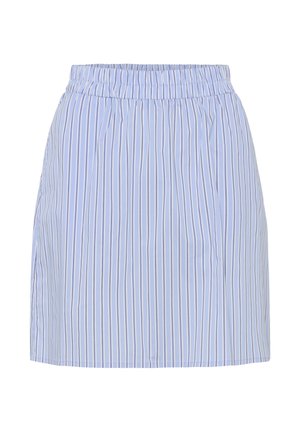 Hellblauer Rock mit vertikalen weißen und marineblauen Streifen, elastischem Bund und leicht gerafftem Design.