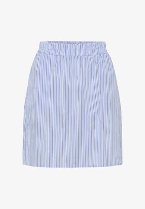 Hellblauer Rock mit vertikalen weißen und marineblauen Streifen, elastischem Bund und leicht gerafftem Design.