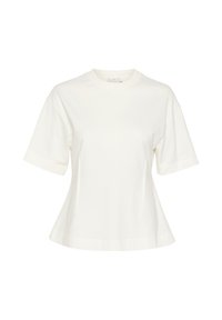 Witte t-shirt met korte mouwen, gemaakt van zacht katoen. Heeft een ronde hals en een iets uitlopende zoom, met een minimalistisch ontwerp en geen patronen.