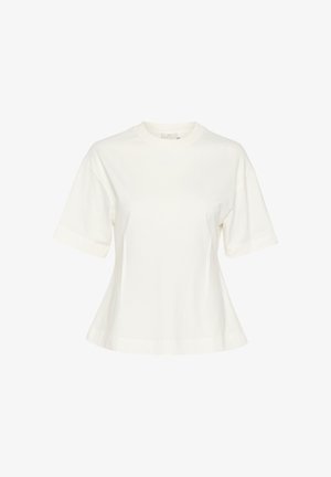 Bela kratka majica s kratkimi rokavi, izdelana iz mehke bombažne tkanine. Ima krojen ovratnik in rahlo razširjen rob, z minimalnim dizajnom in brez vzorcev.