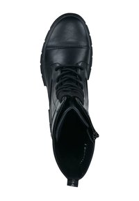 Schwarze Schnürstiefeletten aus synthetischem Leder mit runder Schuhspitze und strukturiertem Obermaterial. Mit einem seitlichen Reißverschluss und kontrastierendem Absatz.