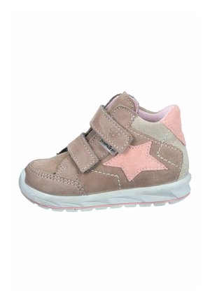 Velcro strap shoe in brown suede with pink star accent, featuring a padded collar and white rubber sole with traction pattern.