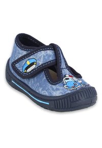 Blaue Denim-Kinderschuhe mit einem flexiblen Riemen, versehen mit gestickten Polizeiautodesigns, marineblauen Akzenten und einer strukturierten Gummisohle.