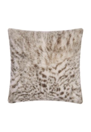 Square pillow with soft, fluffy faux fur cover in light beige and brown mottled pattern resembling animal fur.