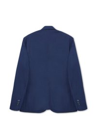 Navyblaues Sakko mit vertikalen Streifen, einzelnen Rückenventil, gekerbten Revers und geknöpften Manschetten. Hergestellt aus leichtem Stoff.