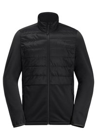 Zwarte jas met een puffy, geïsoleerde bovenkant en gladde, aansluitende mouwen. Gevoerde zakken en hoge kraag voor extra warmte.