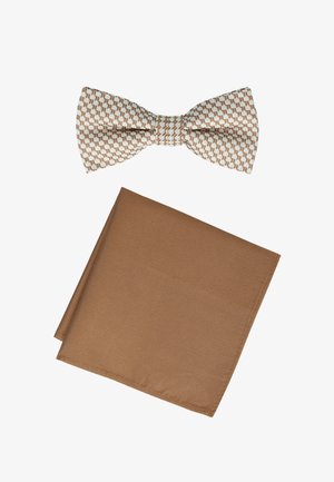 Beige and white patterned bow tie paired with a solid brown pocket square on a white background.