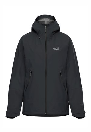Schwarze wasserdichte Jacke mit Kapuze, durchgehendem Reißverschluss und verstellbaren Bündchen. Verfügt über zwei seitliche Taschen und ein Logo auf der Brust.