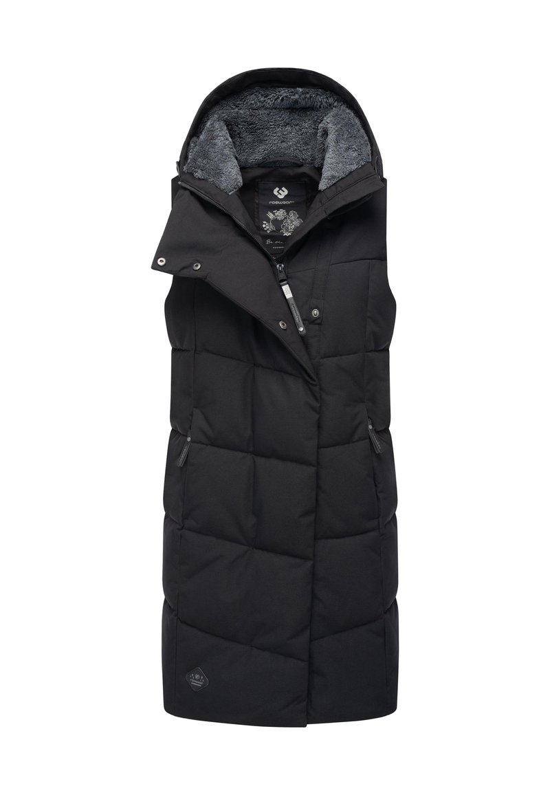 Schwarze gesteppte Weste mit hohem Kragen und grauem Fleecefutter. Verfügt über Reißverschlüsse vorne und seitliche Taschen sowie gesteppte Bereiche zur Isolierung.