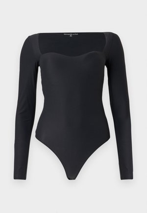 Schwarzer Langarm-Body mit Herz-Ausschnitt, glattem Stoff und einer figurnahen Silhouette mit hohem Beinausschnitt.
