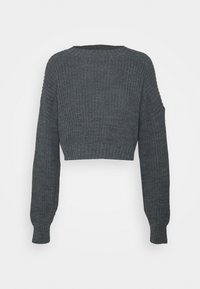 Gekürzter grauer Strickpullover mit langen Ärmeln. Besitzt ein strukturiertes Muster und gerippte Bündchen. Einfaches, ungeschmücktes Design.