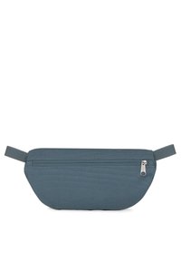 Marsupio in tessuto color turchese con forma piatta e ovale, dotato di due scomparti con cerniera e una sola tracolla laterale per una facile indossabilità e accesso.