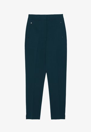 Tyrkysové nohavice s rovnými nohavicami, predné vrecká, elegantný dizajn, hladká textúra a viditeľné prešitie pozdĺž pásu a švov.