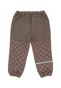Pantalon matelassé brun isolé avec taille et poignets élastiques, doté d'une bande réfléchissante sur une jambe pour la visibilité.