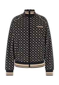 Zwarte jas met ritssluiting, voorzien van een herhalend beige logopatroon, geribbelde manchetten en zoom, een opstaande kraag en een strak ontwerp.