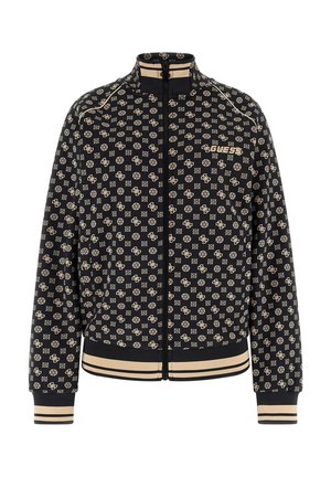 Giacca nera con zip frontale, caratterizzata da un motivo ripetuto di logo color beige, polsini e orlo a costine, colletto alla coreana e design elegante.