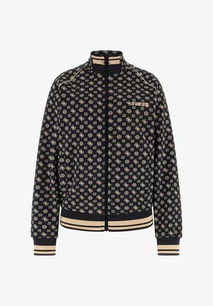 Zwarte jas met ritssluiting, voorzien van een herhalend beige logopatroon, geribbelde manchetten en zoom, een opstaande kraag en een strak ontwerp.