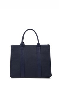 Donkerblauwe leren totebag met een getextureerde afwerking, dubbele handgrepen en contrasterende gladde paneelaccenten aan de zijkanten.