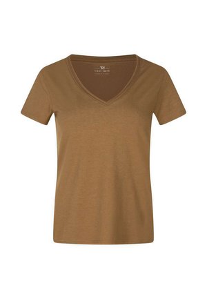 T-shirt féminin marron à manches courtes et col en V, au design uni, présenté sur un fond blanc.