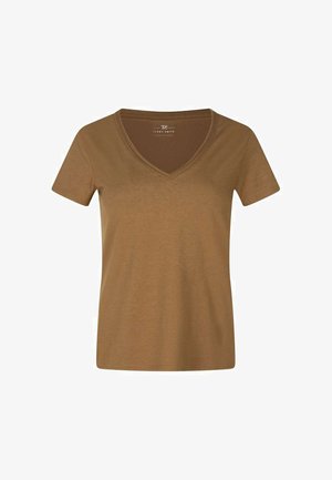 T-shirt féminin marron à manches courtes et col en V, au design uni, présenté sur un fond blanc.