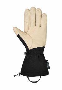 Leren handschoen met een zwarte stoffen manchette, uitgerust met een stevige polsbevestiging. Kleur is lichtbruin met versterkte stiksels op de vingertoppen.