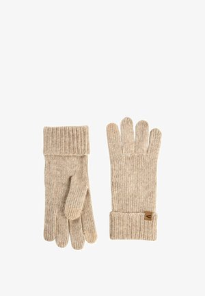 Gants tricotés beige avec des poignets côtelés, présentant un motif texturé. Comprend une petite étiquette logo au poignet.