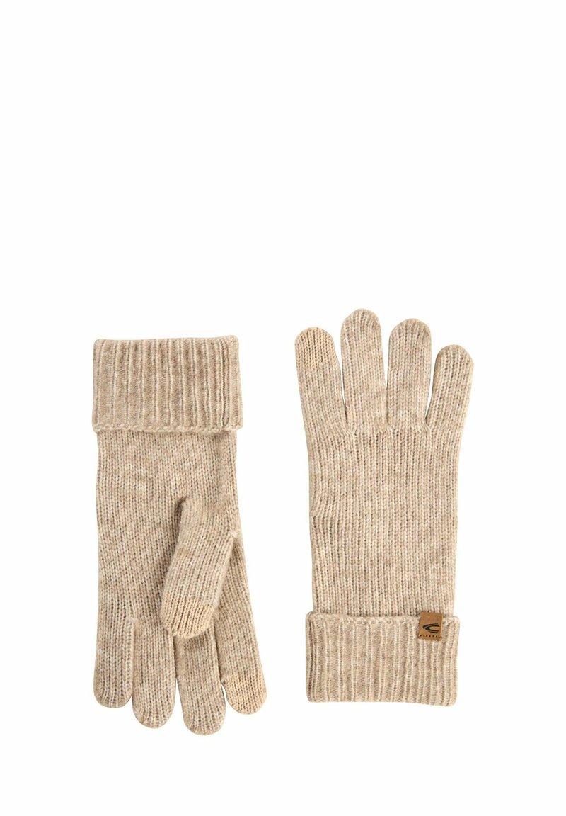 Beige gebreide handschoenen met ribbels aan de manchetten, met een gestructureerd patroon. Inclusief een klein logotag op de pols.