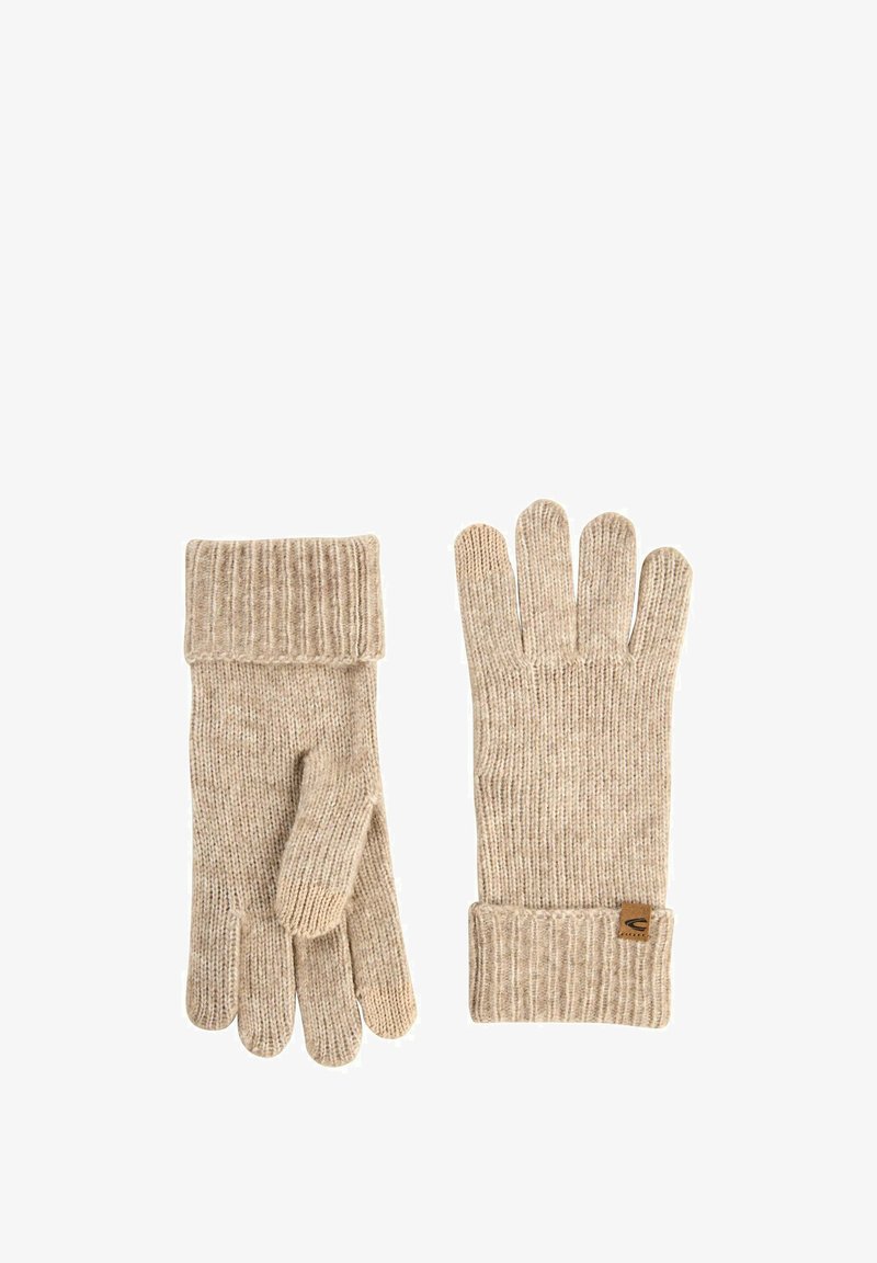 Beige knitted gloves with ribbed cuffs, featuring a textured pattern. Includes a small logo tag on the wrist.